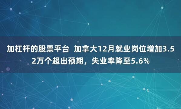 加杠杆的股票平台  加拿大12月就业岗位增加3.52万个超出预期，失业率降至5.6%
